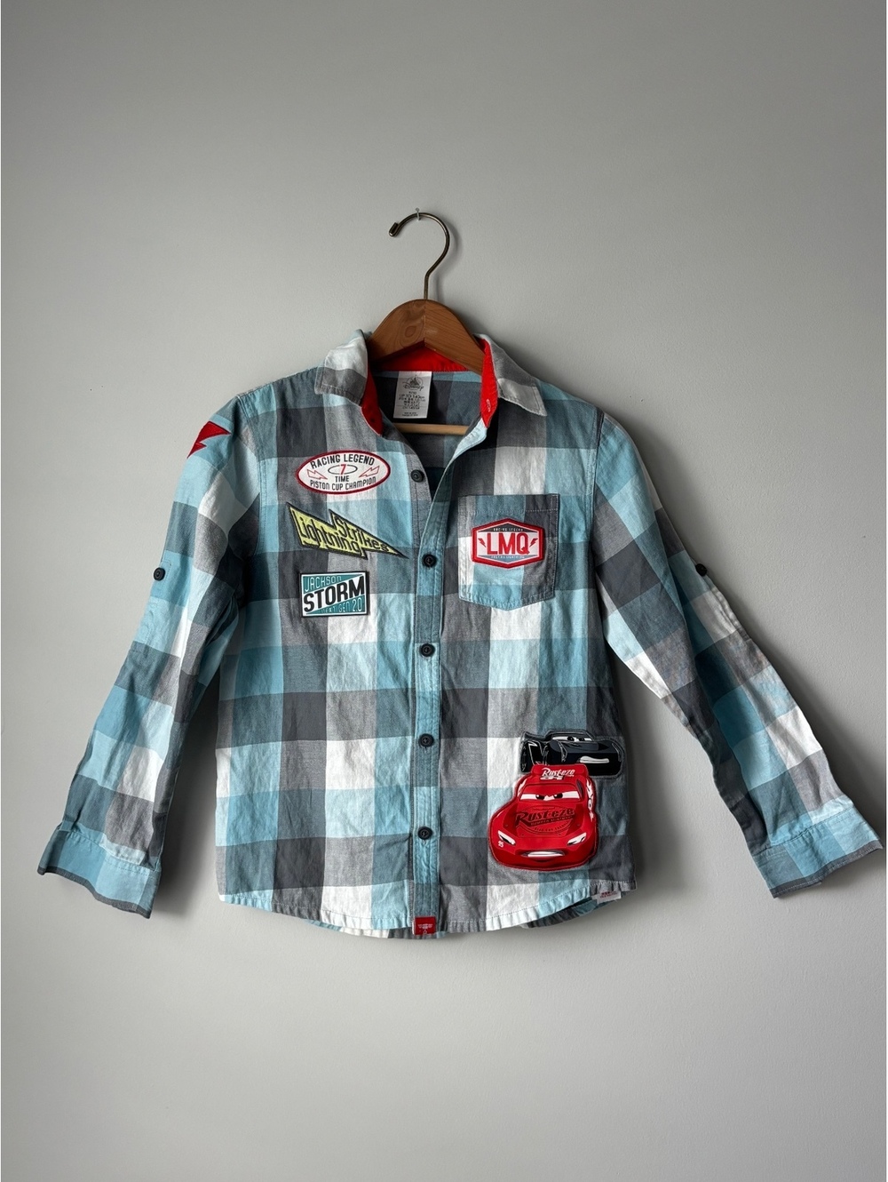 Disney Store Cars Lightning McQueen Plaid Button Up Shirt Boys 9/10 Patches